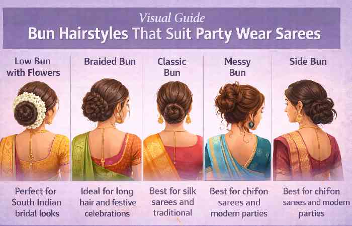 bun hairstyles that suit party wear sarees